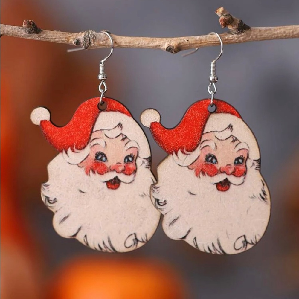 Wooden Santa Clause Drop Earrings